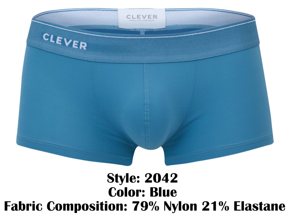 Blue clever brand men’s boxer briefs made from 79 nylon and 21 elastane in clever 2042 mendoza trunks color blue