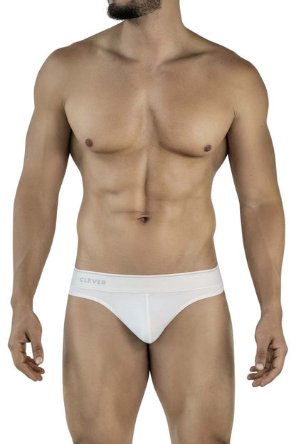 White cotton briefs with subtle clever logo on waistband from clever 2044 mendoza thongs in beige color
