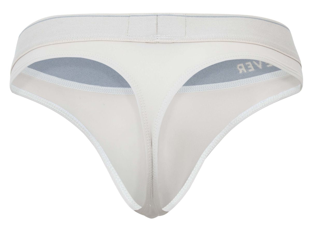 White thong with subtle gray inner lining and ever brand embroidered on waistband from clever 2044 mendoza beige collection