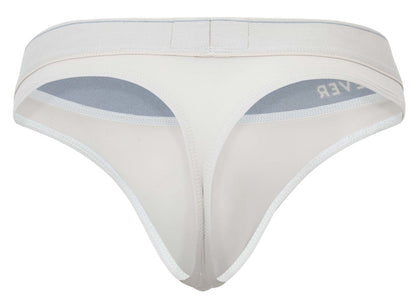 White thong with subtle gray inner lining and ever brand embroidered on waistband from clever 2044 mendoza beige collection