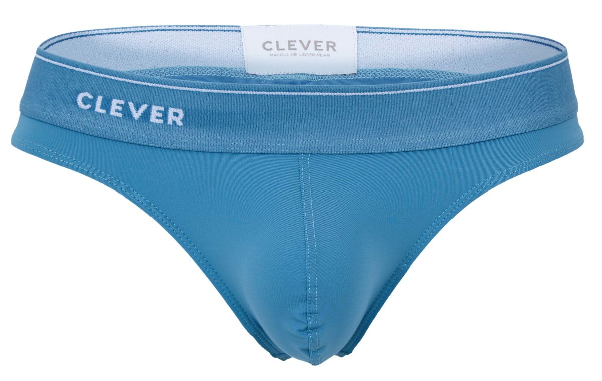 Blue Clever 2044 Mendoza thongs with smooth stretchy fabric and white stitching along the waistband