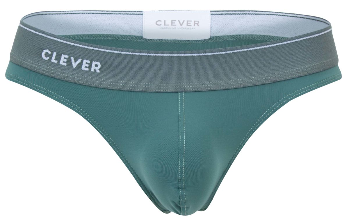 Teal seamless briefs with gray waistband featuring clever brand name in white from clever 2044 mendoza thongs green collection