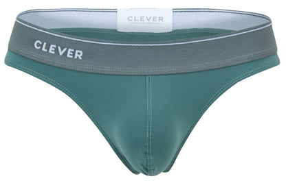 Teal seamless briefs with gray waistband featuring clever brand name in white from clever 2044 mendoza thongs green collection