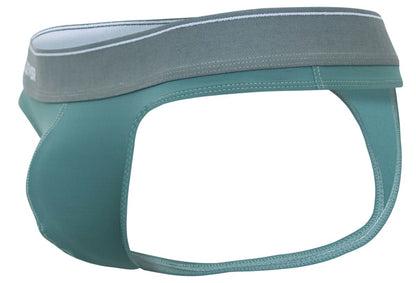 Teal stretchy fabric briefs with a gray waistband and white stitching from clever 2044 mendoza thongs color green collection