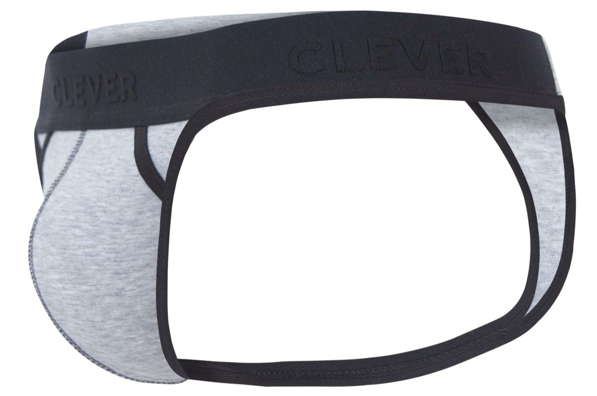 Gray heathered briefs with black elastic waistband embossed with clever brand name from clever 2046 catamarca thongs