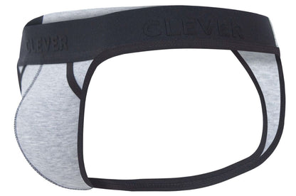 Gray heathered briefs with black elastic waistband embossed with clever brand name from clever 2046 catamarca thongs