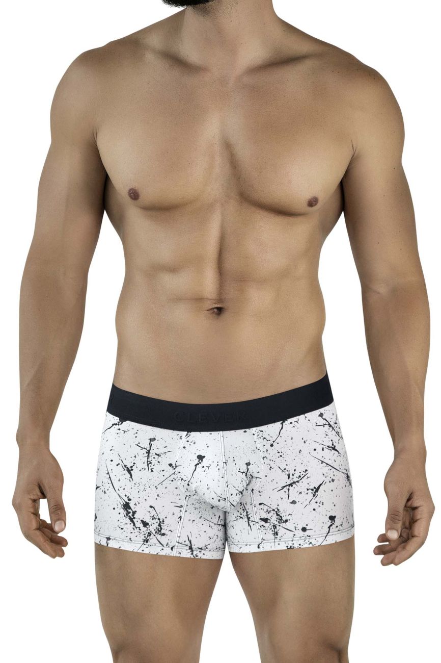 White boxer briefs with black splatter pattern and solid black waistband from clever 2050 brochazos trunks collection