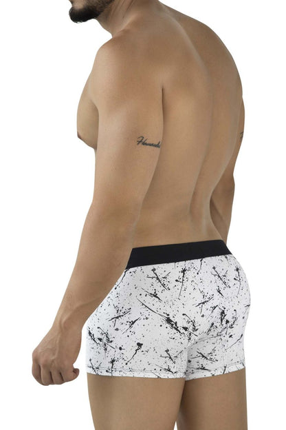 White boxer briefs clever 2050 brochazos trunks with black splatter paint design and solid black waistband