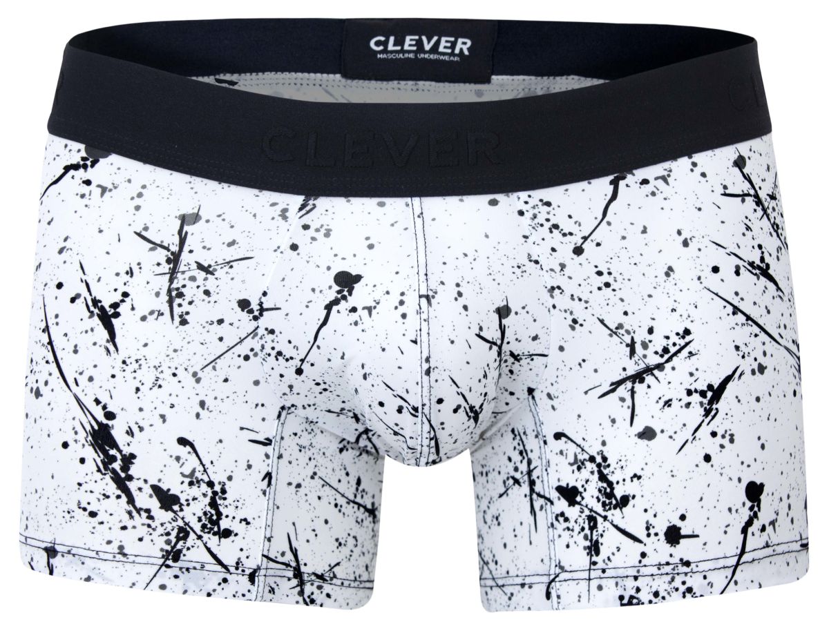 White boxer briefs with black splatter paint design and solid black waistband by clever 2050 brochazos trunks color black