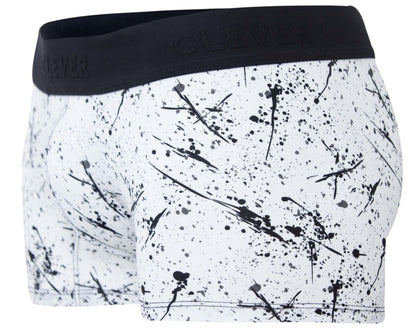 White boxer briefs with black paint splatter pattern and black elastic waistband featuring clever brand name