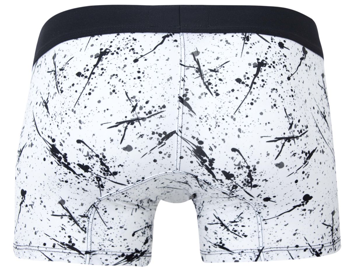 White boxer briefs clever 2050 brochazos trunks with black paint splatter and solid black waistband