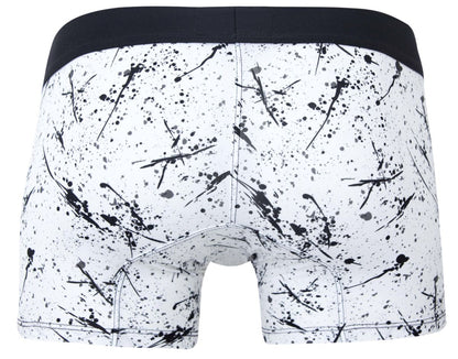 White boxer briefs clever 2050 brochazos trunks with black paint splatter and solid black waistband