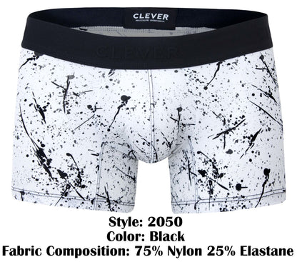 Clever 2050 Brochazos trunks in black with black and white splatter pattern and black elastic waistband and clever label