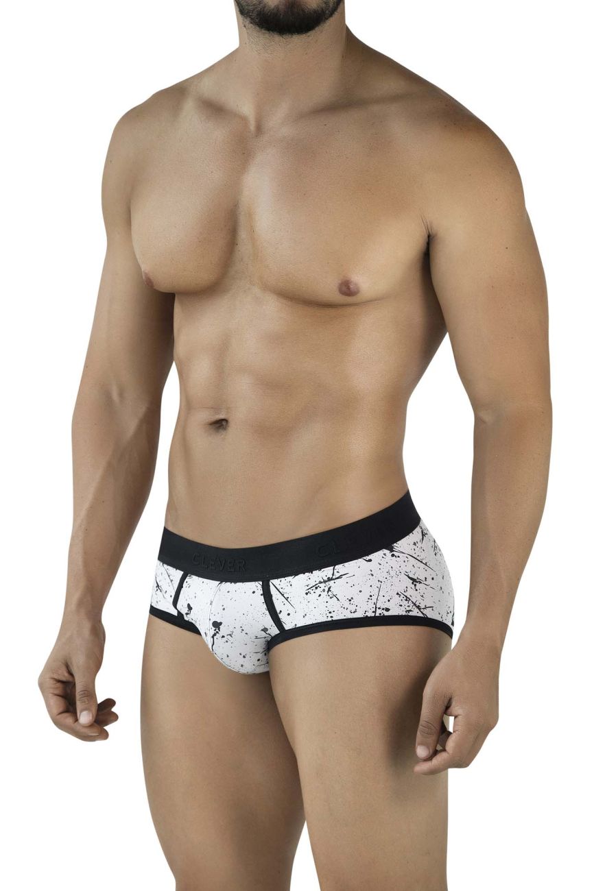 White briefs clever 2051 brochazos with black splatter pattern and solid black waistband for comfortable wear