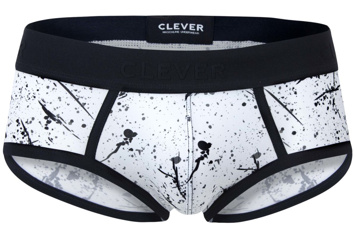 Black and white splatter patterned clever 2051 brochazos briefs with black elastic waistband for men