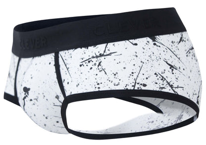 Men’s clever 2051 brochazos briefs in black with white and black splatter pattern and branded elastic waistband