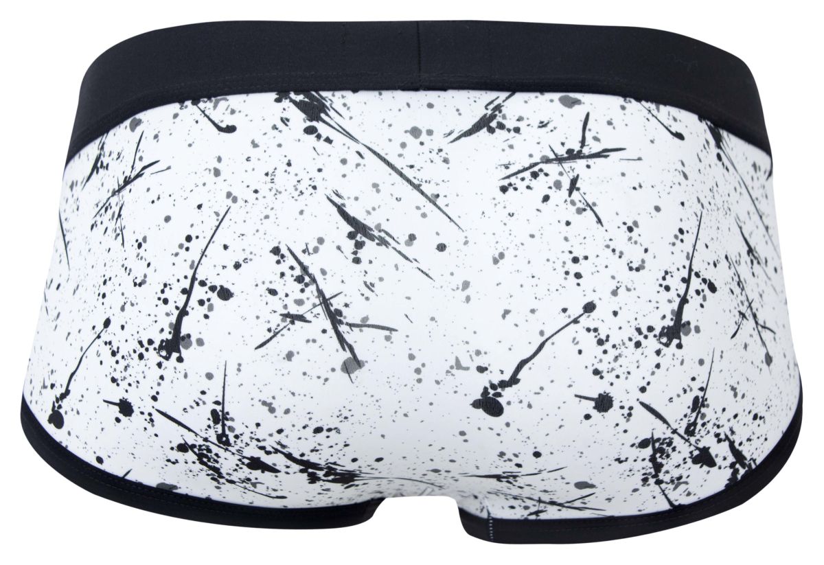 White briefs clever 2051 brochazos with black paint splatter pattern and solid black waistband in front view