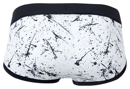 White briefs clever 2051 brochazos with black paint splatter pattern and solid black waistband in front view