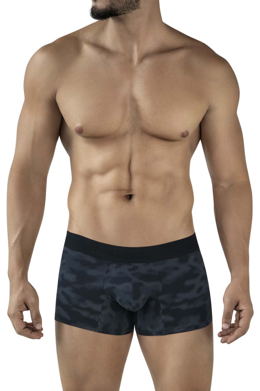 Black clever 2052 militar trunks boxer briefs with a dark gray dot pattern and solid black waistband front view