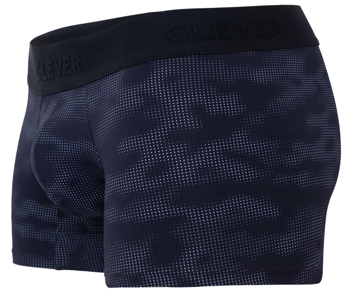 Black boxer briefs with subtle dot camouflage pattern and clever brand embossed on waistband clever 2052 militar trunks