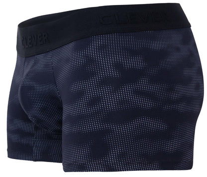 Black boxer briefs with subtle dot camouflage pattern and clever brand embossed on waistband clever 2052 militar trunks