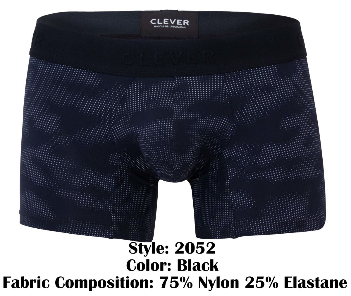 Black clever 2052 militar trunks boxer briefs with subtle dot-patterned camouflage and branded elastic waistband