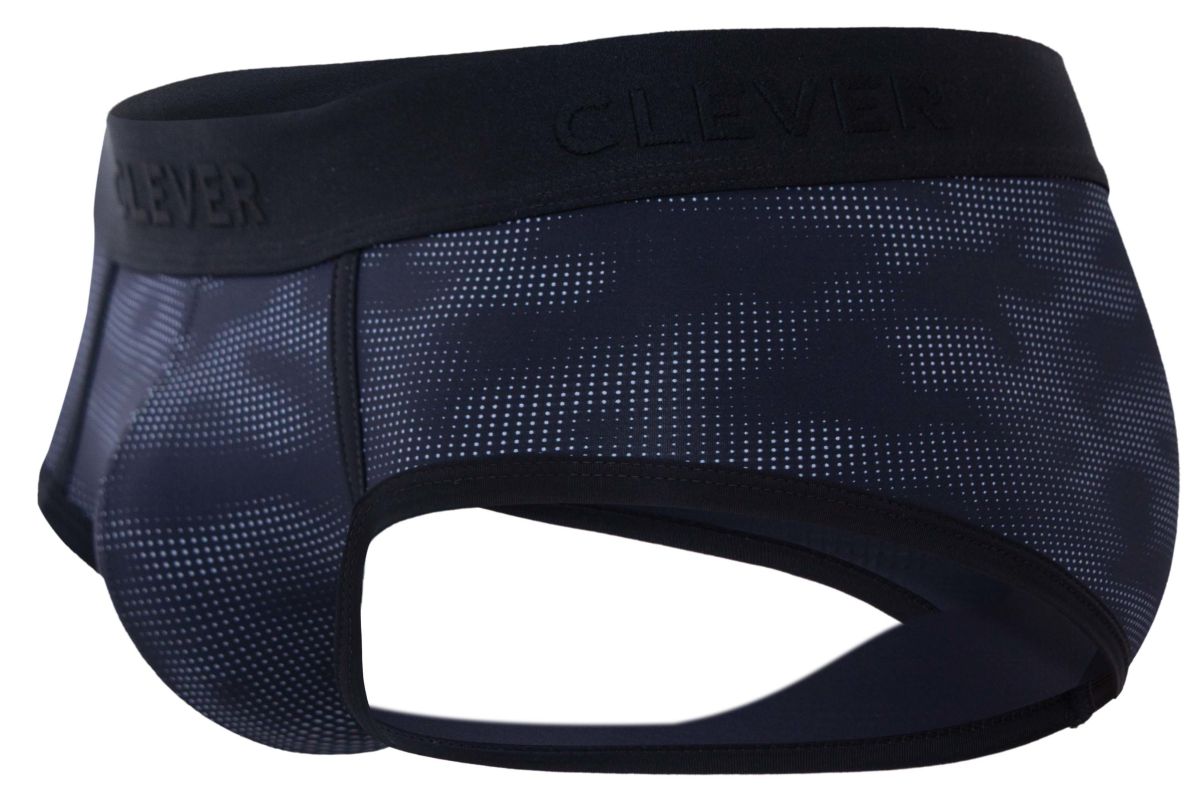 Black clever 2053 militar briefs with dark blue camouflage perforated mesh fabric and embossed waistband logo