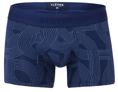 Navy blue men’s boxer briefs with white geometric lines and clever branding on the waistband in dark blue color