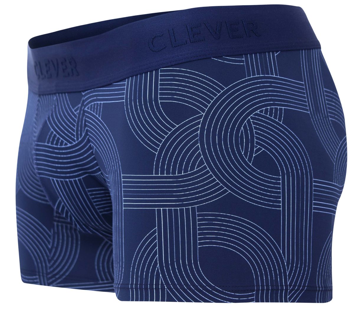 Navy blue men’s boxer briefs with white geometric line pattern and Clever branding on waistband in dark blue color
