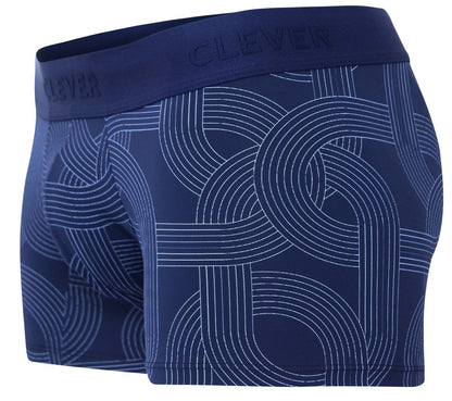 Navy blue men’s boxer briefs with white geometric line pattern and Clever branding on waistband in dark blue color