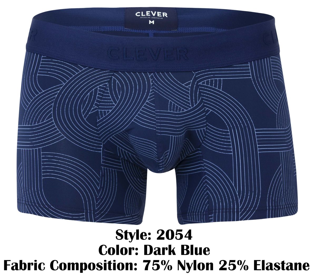 Dark blue men’s boxer briefs with subtle white geometric pattern and clever branded waistband in navy trunks style