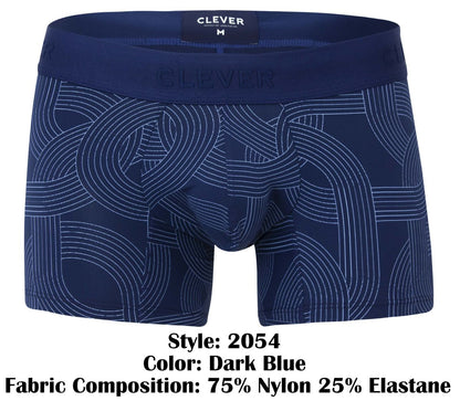 Dark blue men’s boxer briefs with subtle white geometric pattern and clever branded waistband in navy trunks style