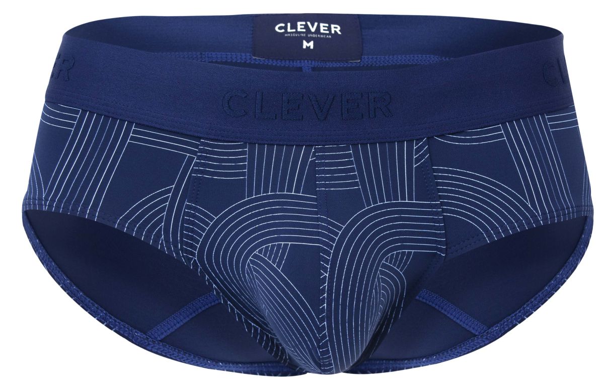 Navy blue clever 2055 men’s briefs with white geometric lines and branding on the waistband in dark blue color