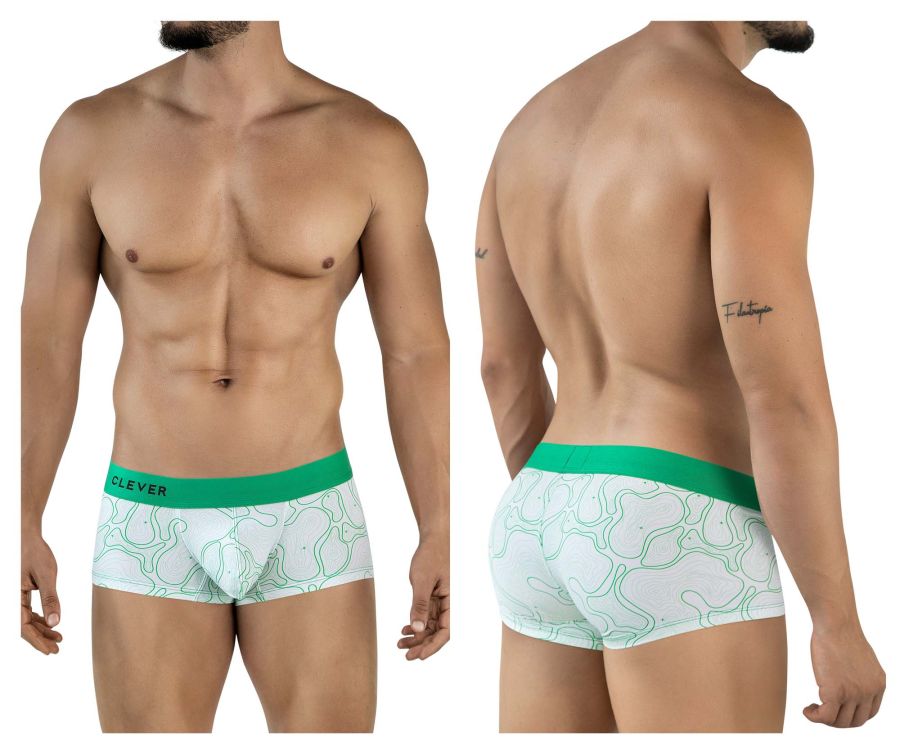 White boxer briefs in clever 2056 maze trunks color green with green waistband and light green abstract pattern