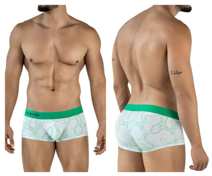 White boxer briefs in clever 2056 maze trunks color green with green waistband and light green abstract pattern