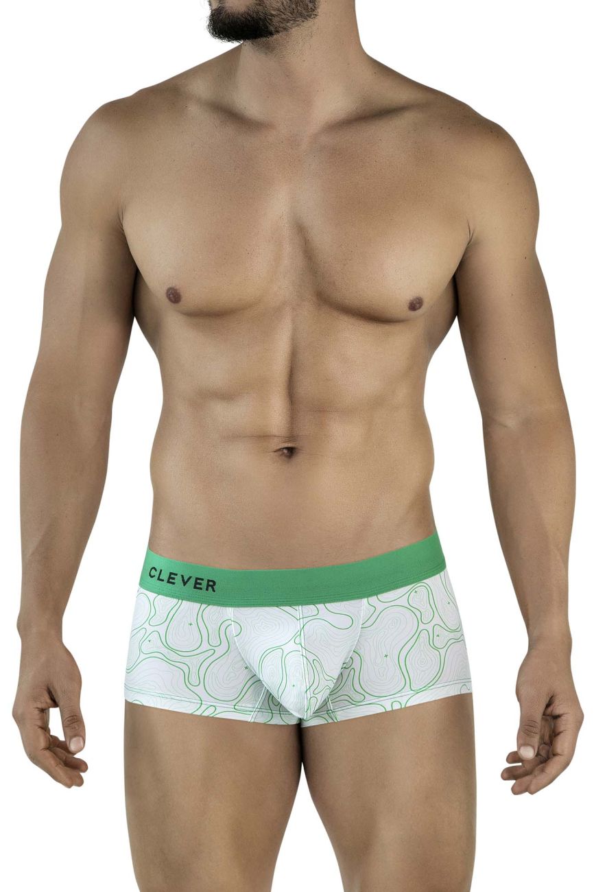 White boxer briefs with green waistband and light green maze pattern featuring clever brand name in black on band