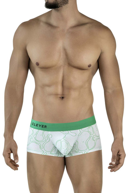 White boxer briefs with green waistband and light green maze pattern featuring clever brand name in black on band