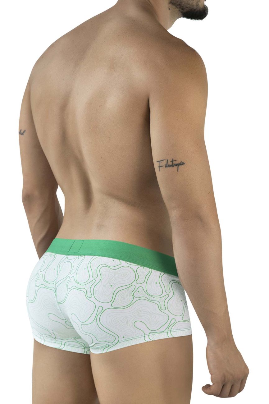 Clever 2056 maze trunks in green with white briefs featuring a green abstract pattern and solid green waistband