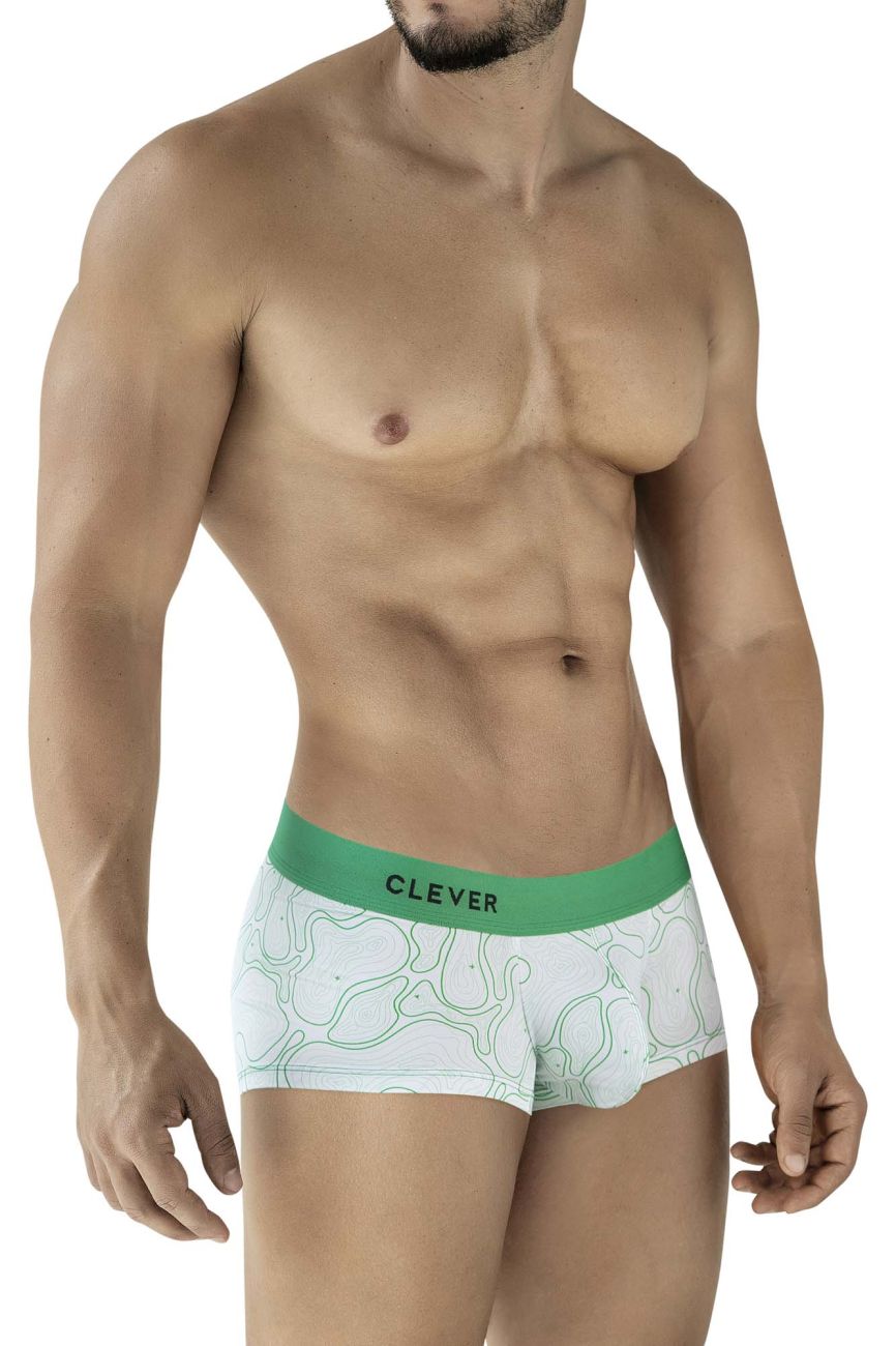 White boxer briefs with a green waistband and clever branding featuring an abstract green line pattern maze trunks color green