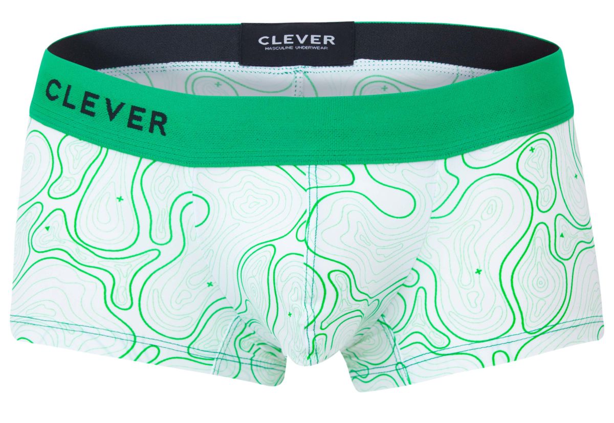White boxer briefs with green topographic map pattern and bright green waistband by clever 2056 maze trunks color green