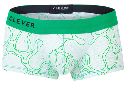 White boxer briefs with green topographic map pattern and bright green waistband by clever 2056 maze trunks color green