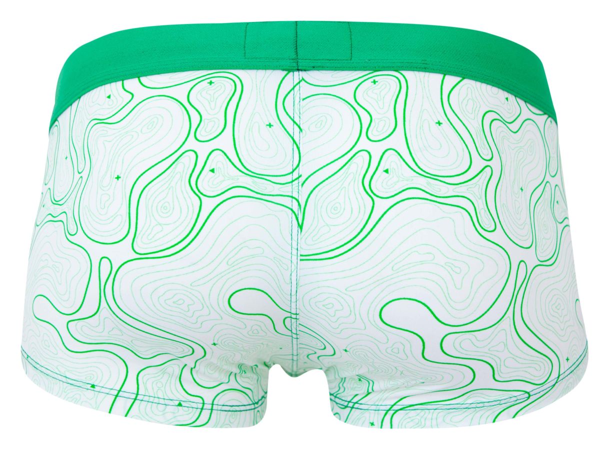 White briefs with green topographic map pattern and solid green waistband clever 2056 maze trunks color green