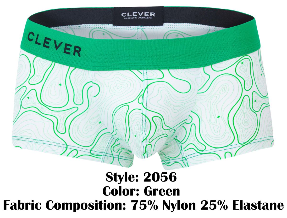 Green and white patterned boxer briefs with bold green waistband featuring clever brand name maze trunks color green