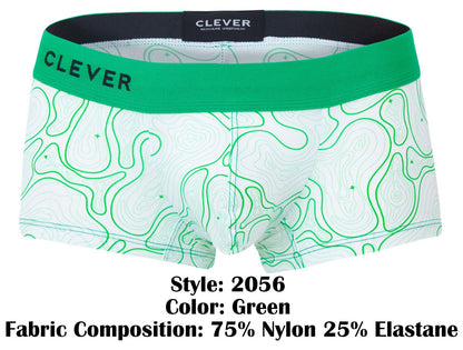 Green and white patterned boxer briefs with bold green waistband featuring clever brand name maze trunks color green