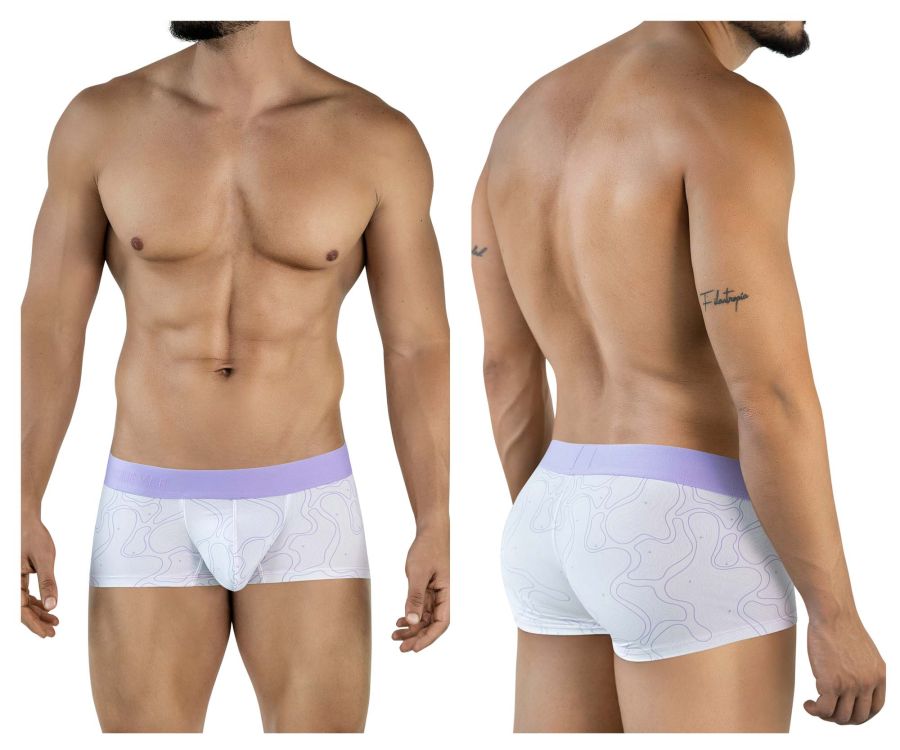White Clever 2056 Maze trunks with a lavender waistband and subtle gray abstract line pattern for comfortable wear