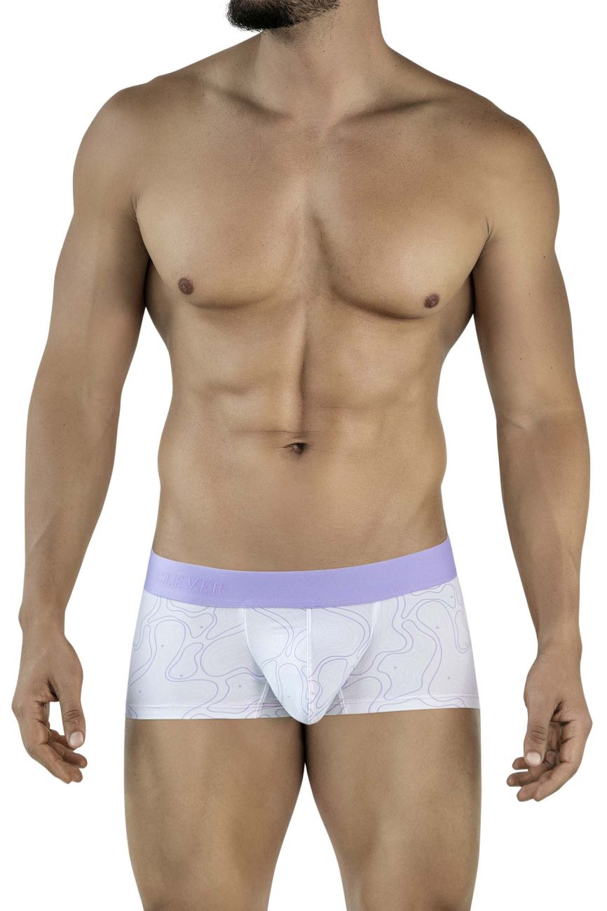 White men’s briefs with a subtle lavender maze pattern and matching lilac waistband from clever 2056 trunks