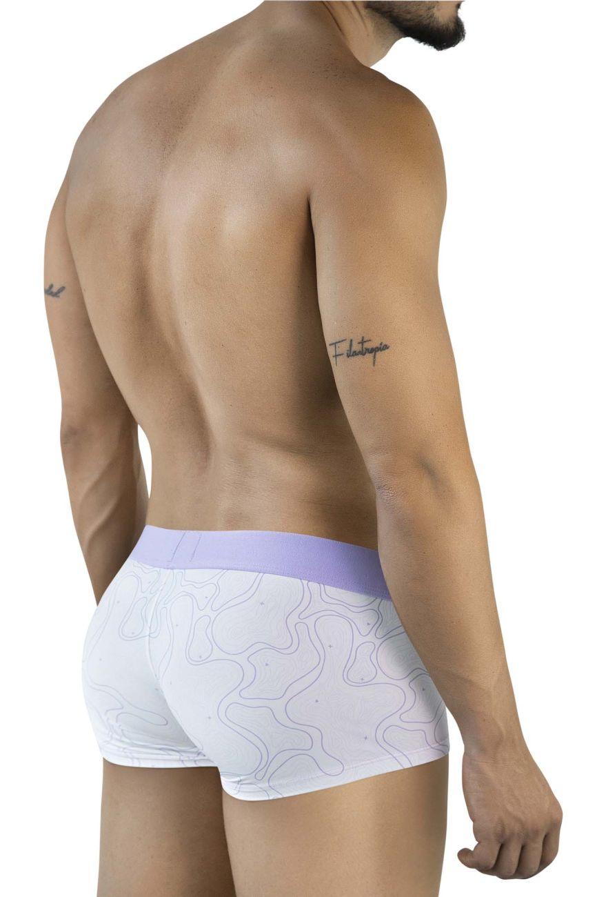 White clever 2056 maze trunks lilac briefs with a lavender waistband and abstract light gray flowing line pattern