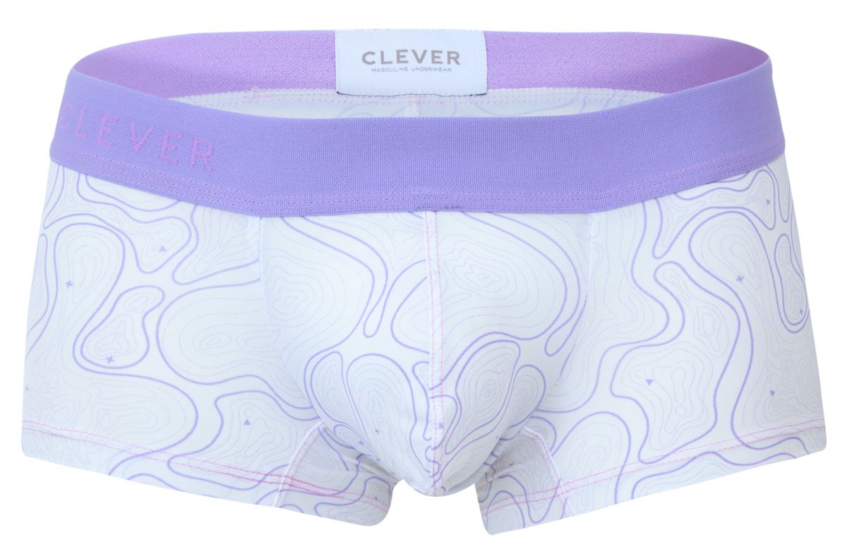 White boxer briefs with lavender waistband and purple contour pattern from clever 2056 maze trunks color lilac collection