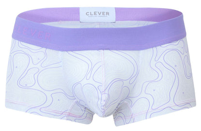 White boxer briefs with lavender waistband and purple contour pattern from clever 2056 maze trunks color lilac collection