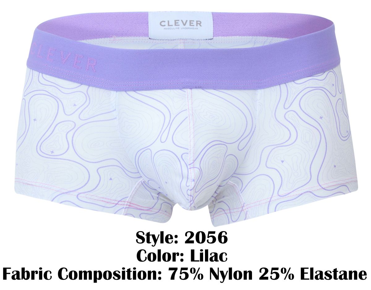 Lilac clever 2056 maze trunks men’s briefs with white base purple contour lines and matching lilac elastic waistband